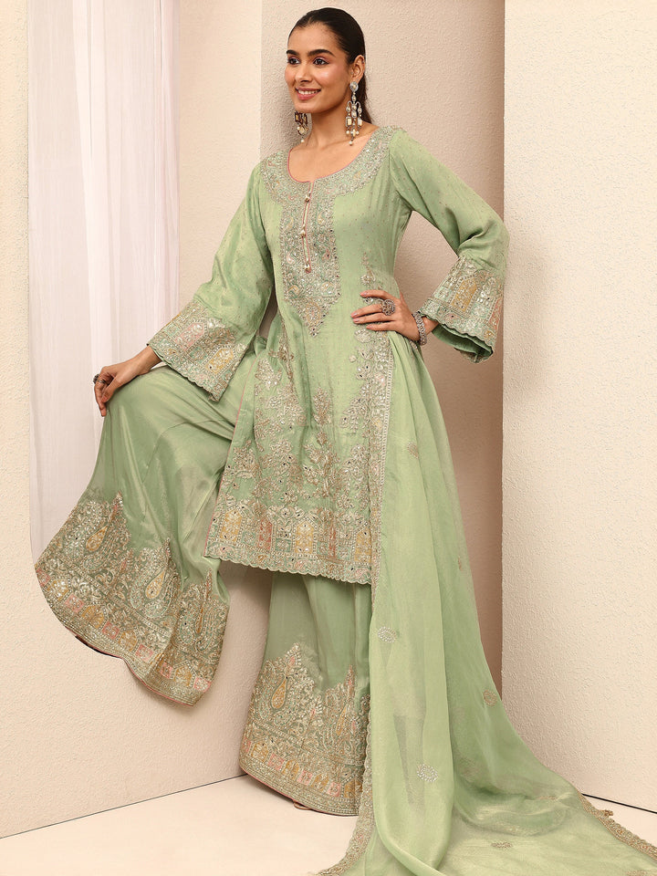 Libas Art Green Embroidered Silk Blend Straight Suit Set With Dupatta