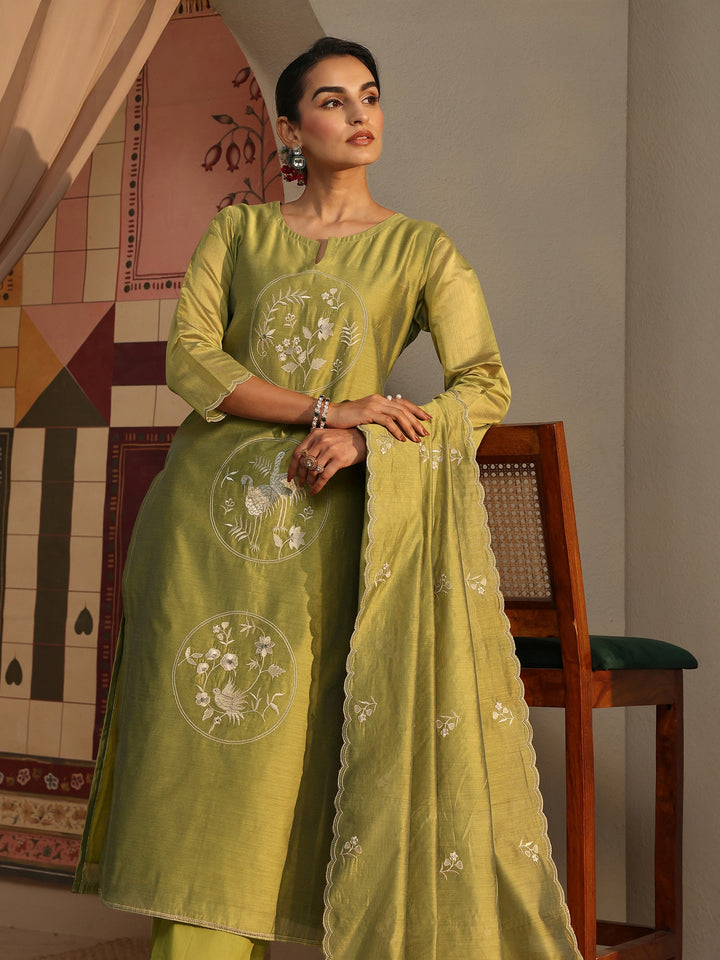 Libas Art Green Embroidered Silk Blend Straight Suit Set With Dupatta