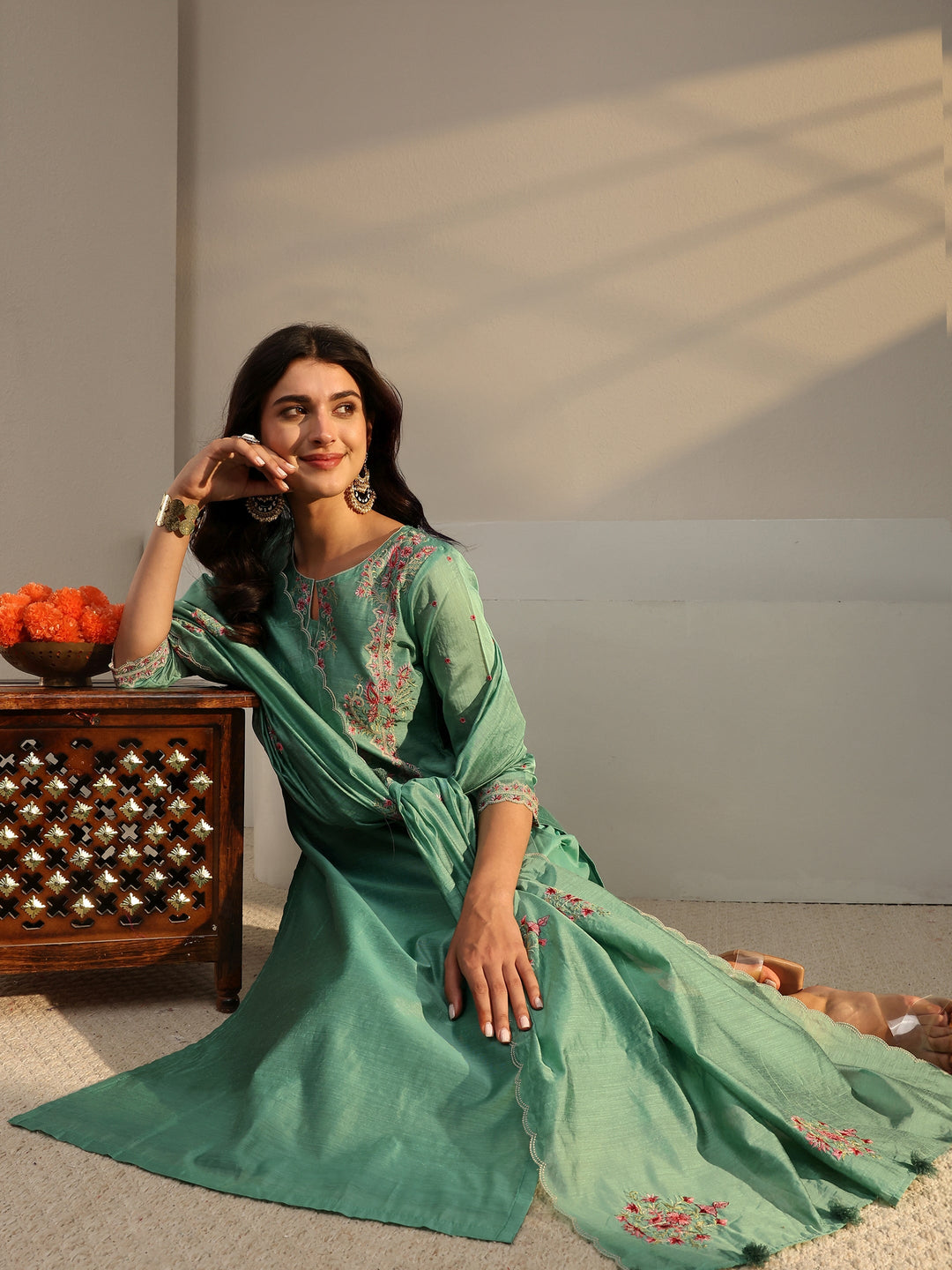 Libas Art Green Embroidered Silk Blend Straight Suit Set With Dupatta