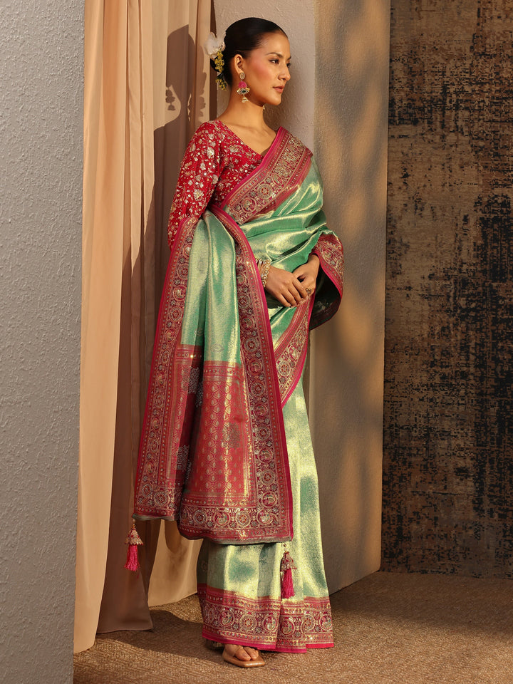 Libas Art Green Ethnic Motifs Woven Design Silk Blend Saree With Unstitched Blouse Piece