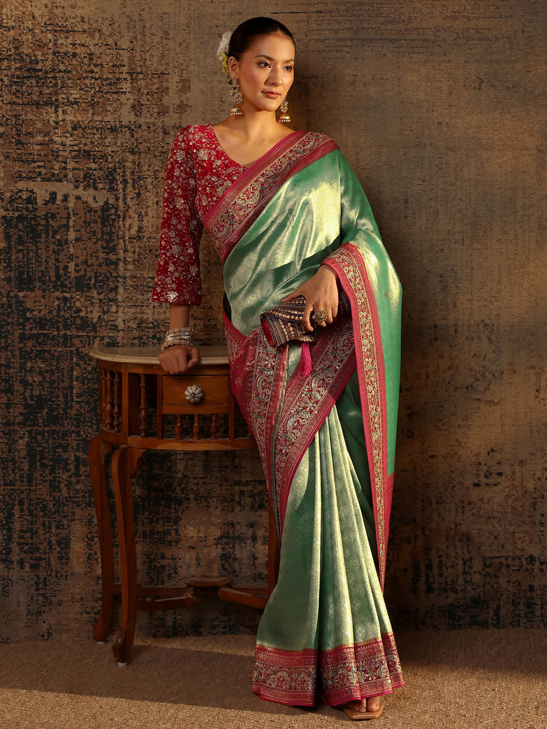 Libas Art Green Ethnic Motifs Woven Design Silk Blend Saree With Unstitched Blouse Piece