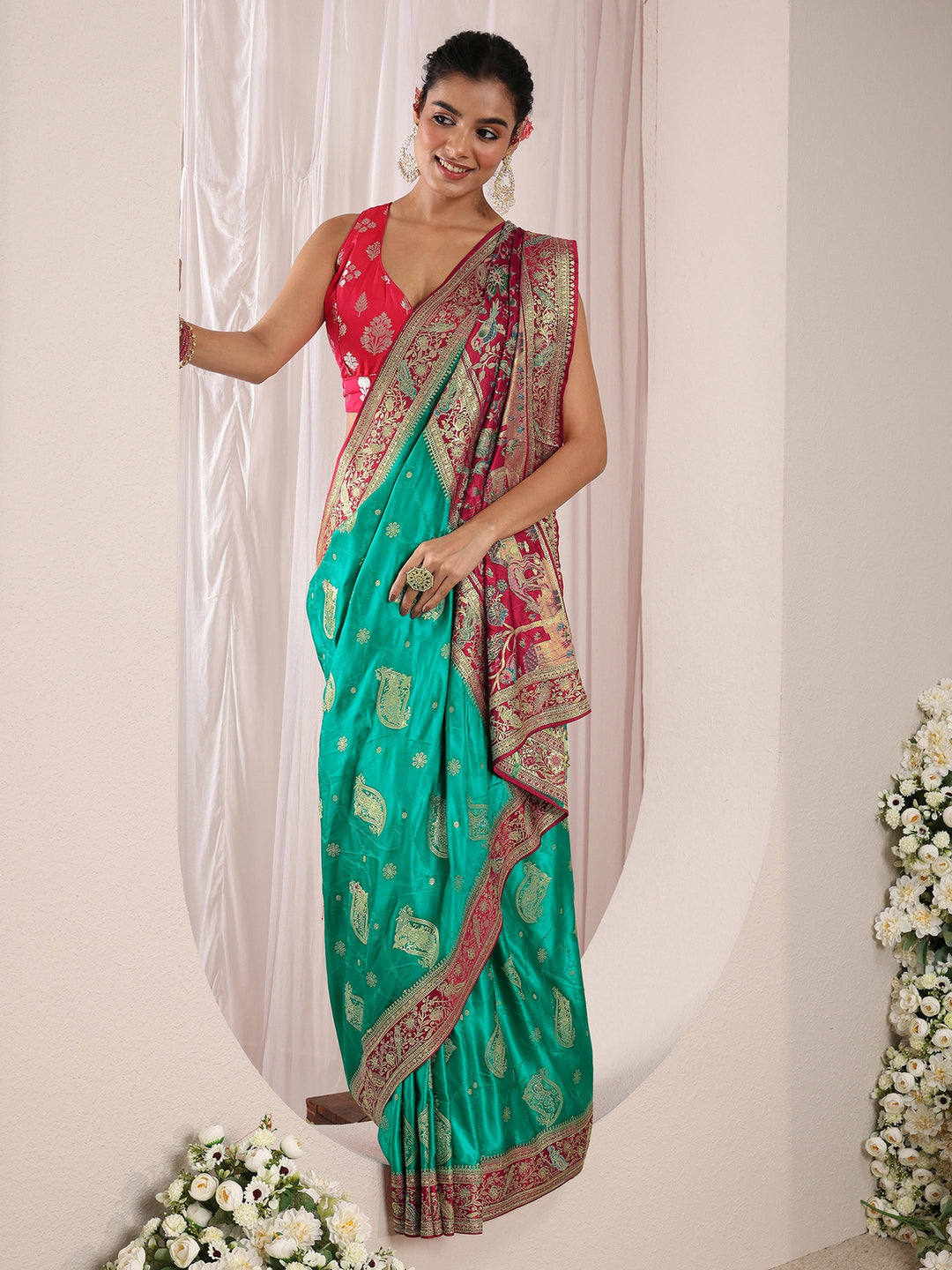 Libas Art Green Ethnic Woven Design Satin Saree With Unstitched Blouse Piece