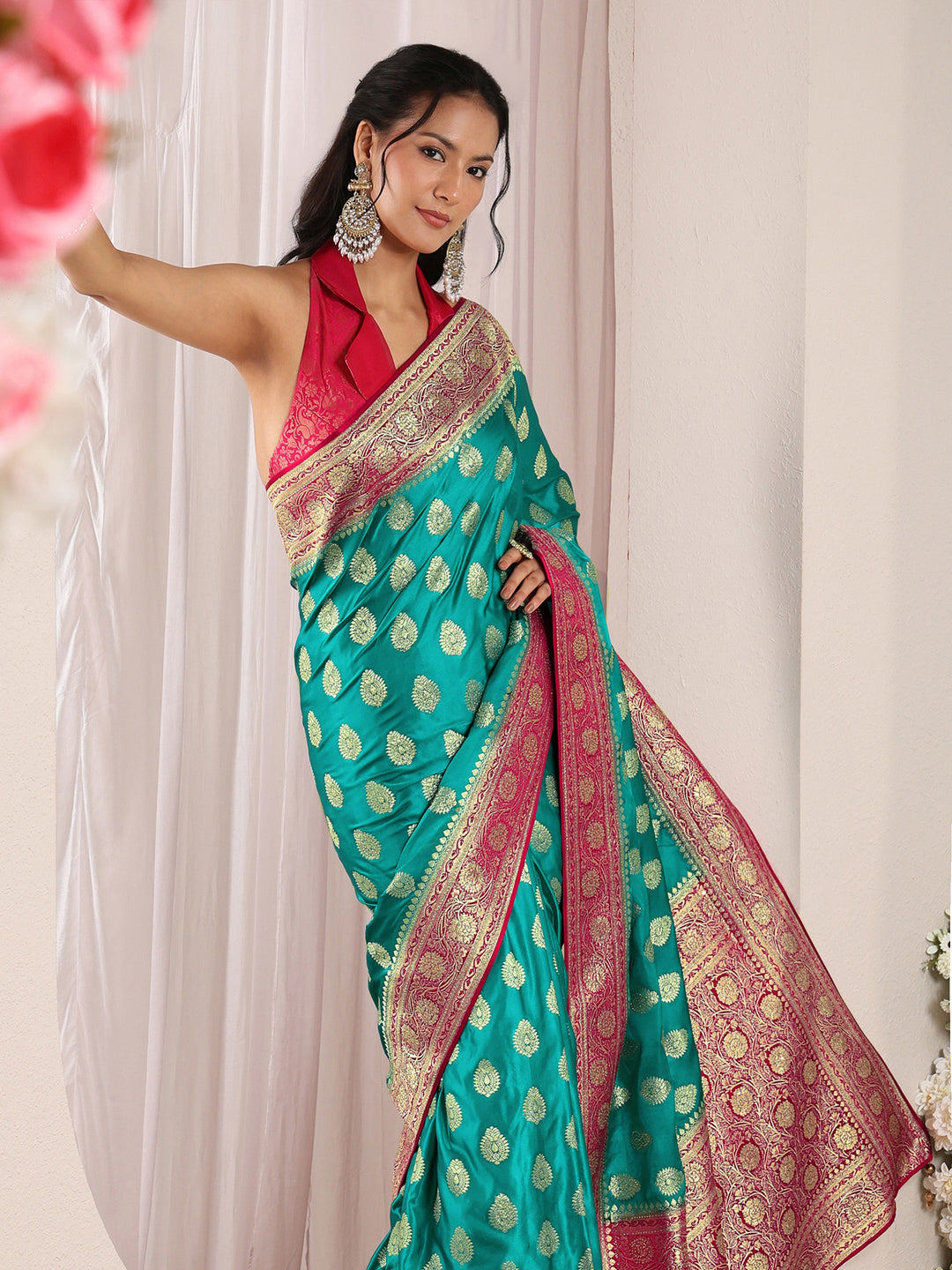 Libas Art Green Ethnic Woven Design Satin Saree With Unstitched Blouse Piece