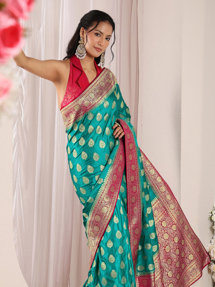 Libas Art Green Ethnic Woven Design Satin Saree With Unstitched Blouse Piece
