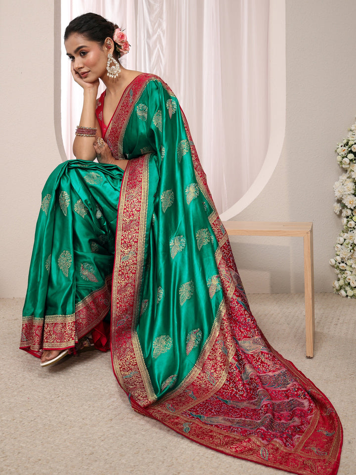 Libas Art Green Ethnic Woven Design Satin Saree With Unstitched Blouse Piece