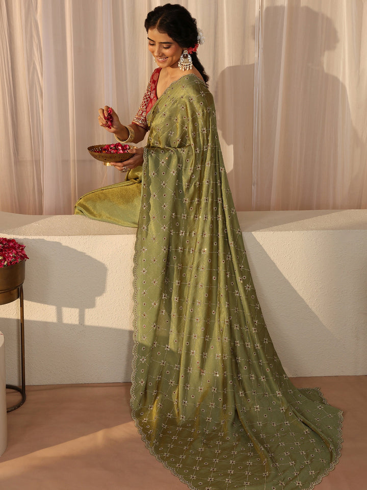 Libas Art Green Floral Embellished Satin Saree