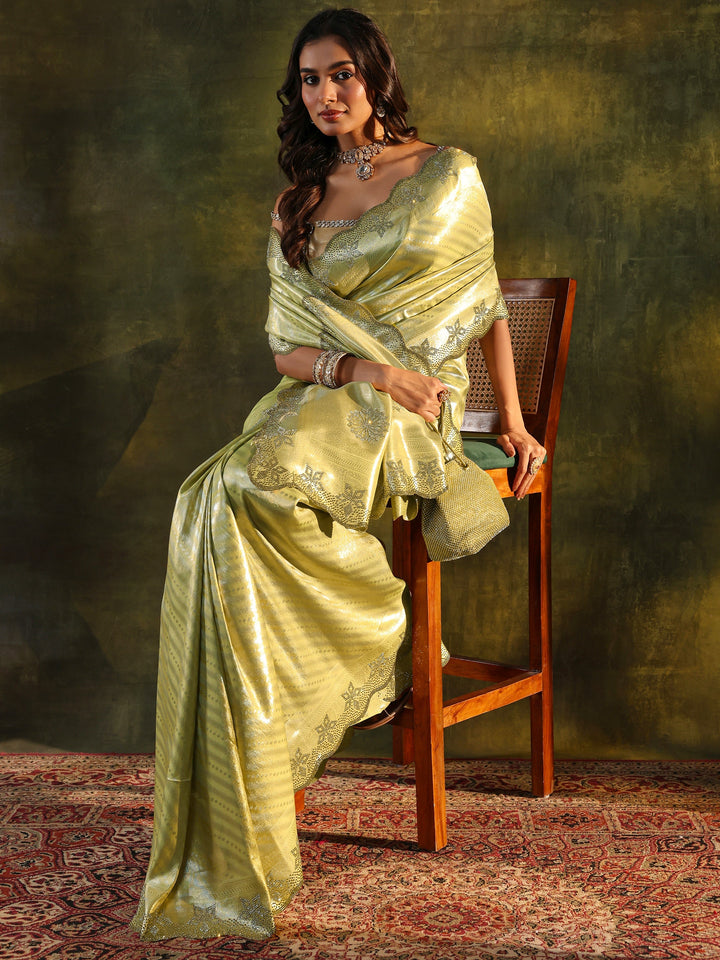 Libas Art Green Floral Embellished Silk Blend Saree With Unstitched Blouse Piece