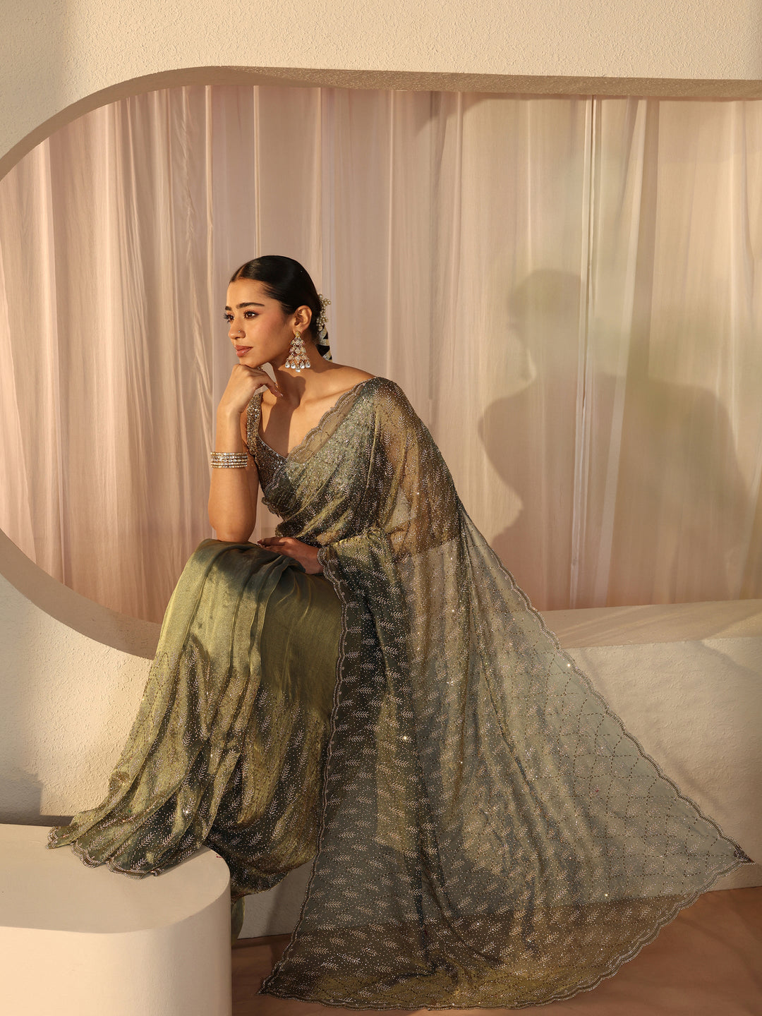 Libas Art Green Floral Embellished Tissue Saree