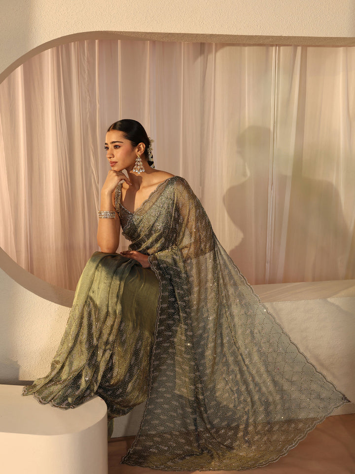 Libas Art Green Floral Embellished Tissue Saree