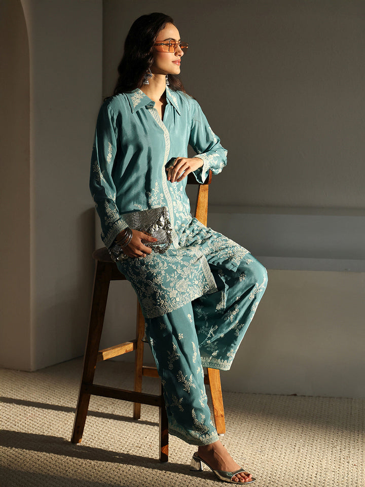 Libas Art Green Floral Embroidered Chinon Co-Ord Set