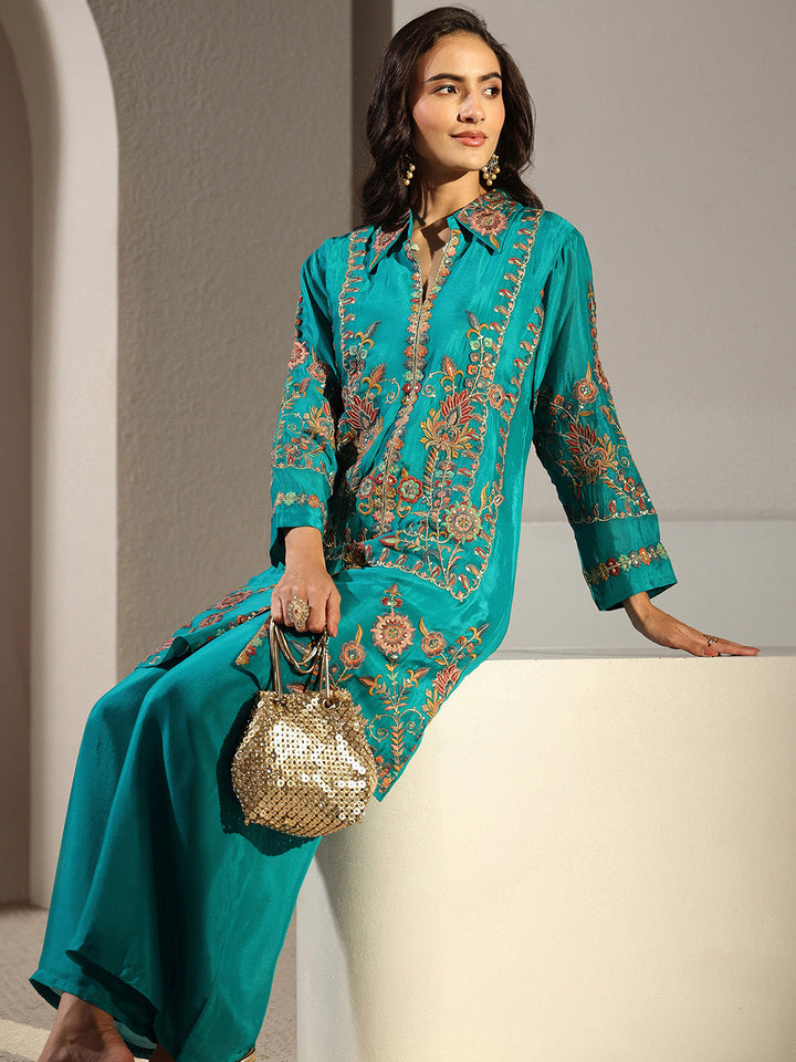 Libas Art Green Floral Embroidered Chinon Co-Ord Set