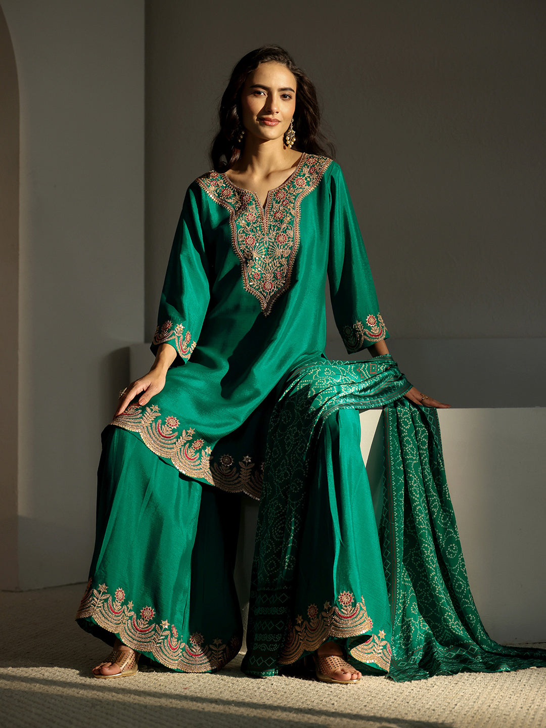 Libas Art Green Floral Embroidered Crepe Sharara Suit Set With Dupatta