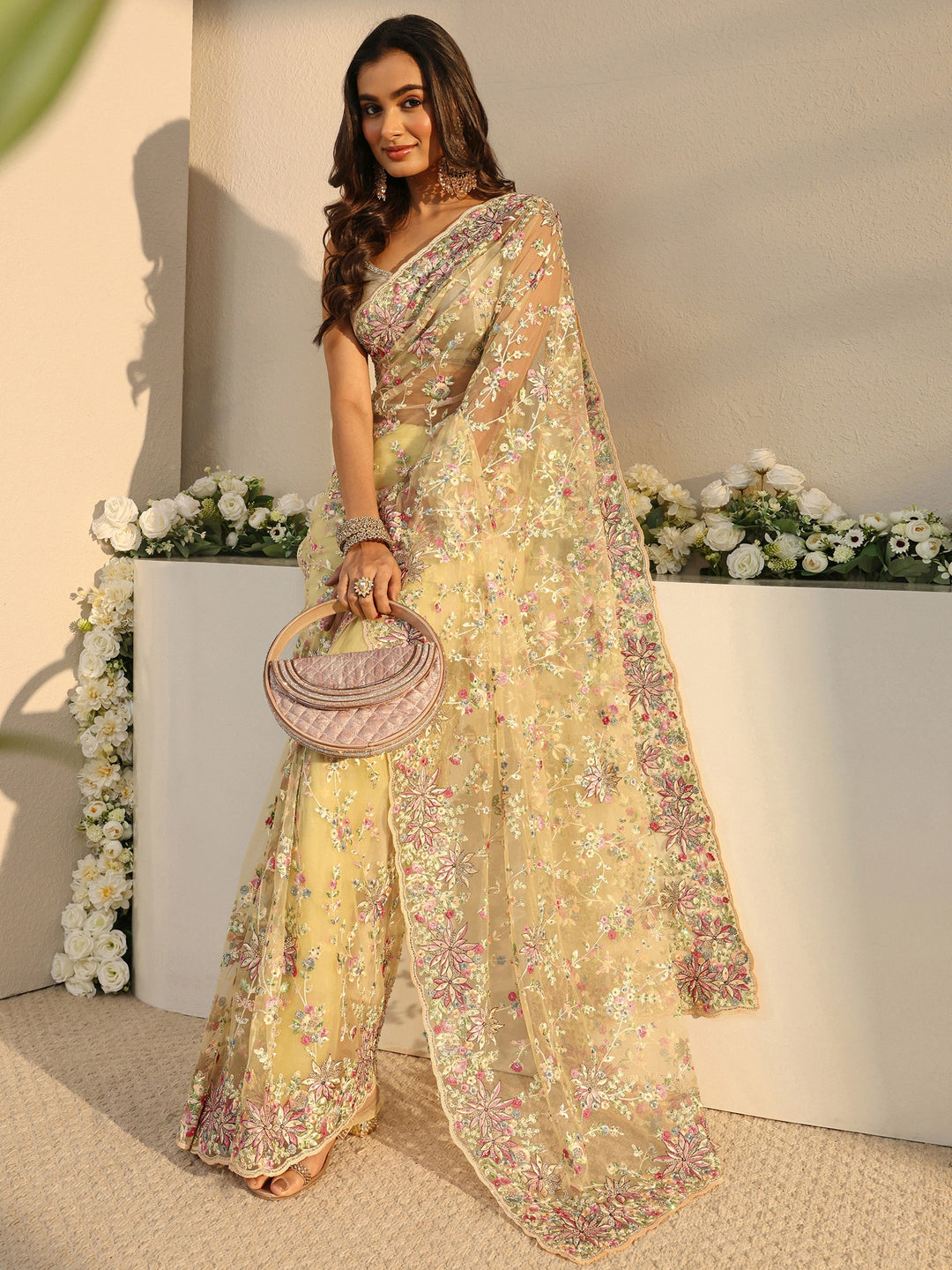 Libas Art Green Floral Embroidered Net Saree With Unstitched Blouse Piece