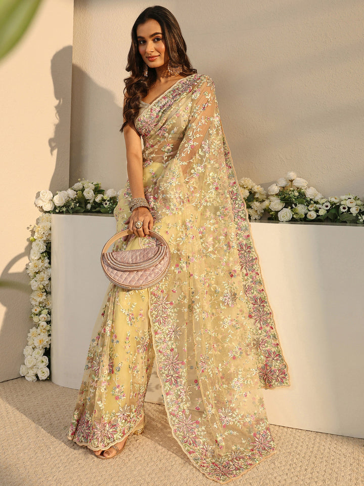 Libas Art Green Floral Embroidered Net Saree With Unstitched Blouse Piece