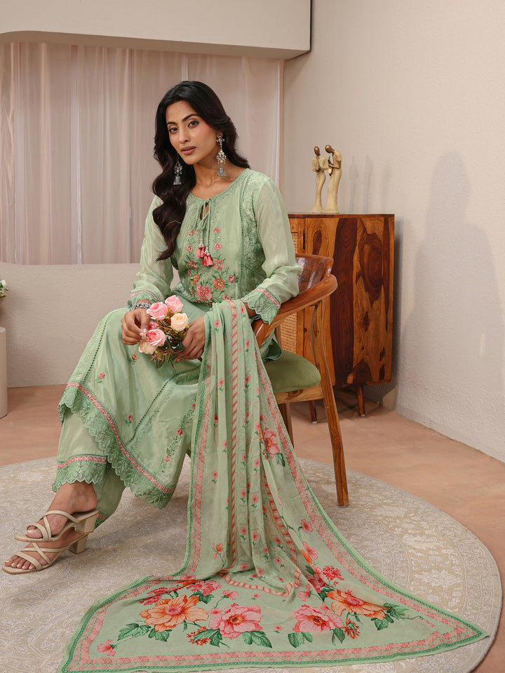 Libas Art Green Floral Embroidered Organza Straight Suit Set