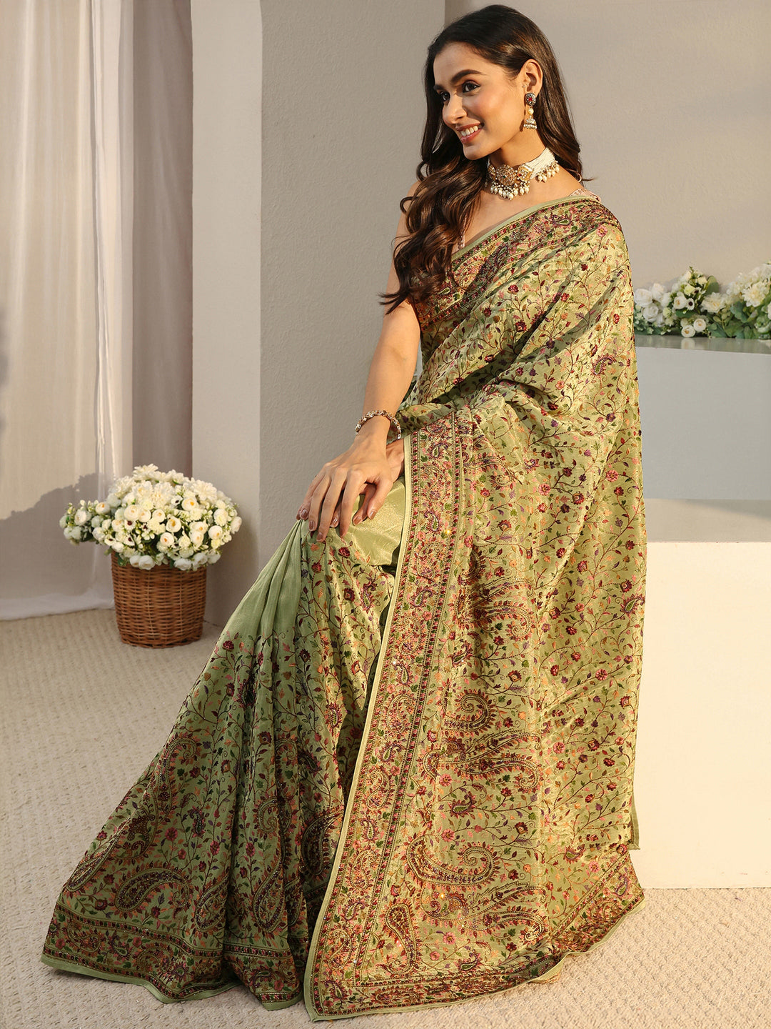 Libas Art Green Floral Embroidered Satin Saree With Unstitched Blouse Piece