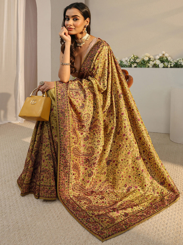 Libas Art Green Floral Embroidered Satin Saree With Unstitched Blouse Piece