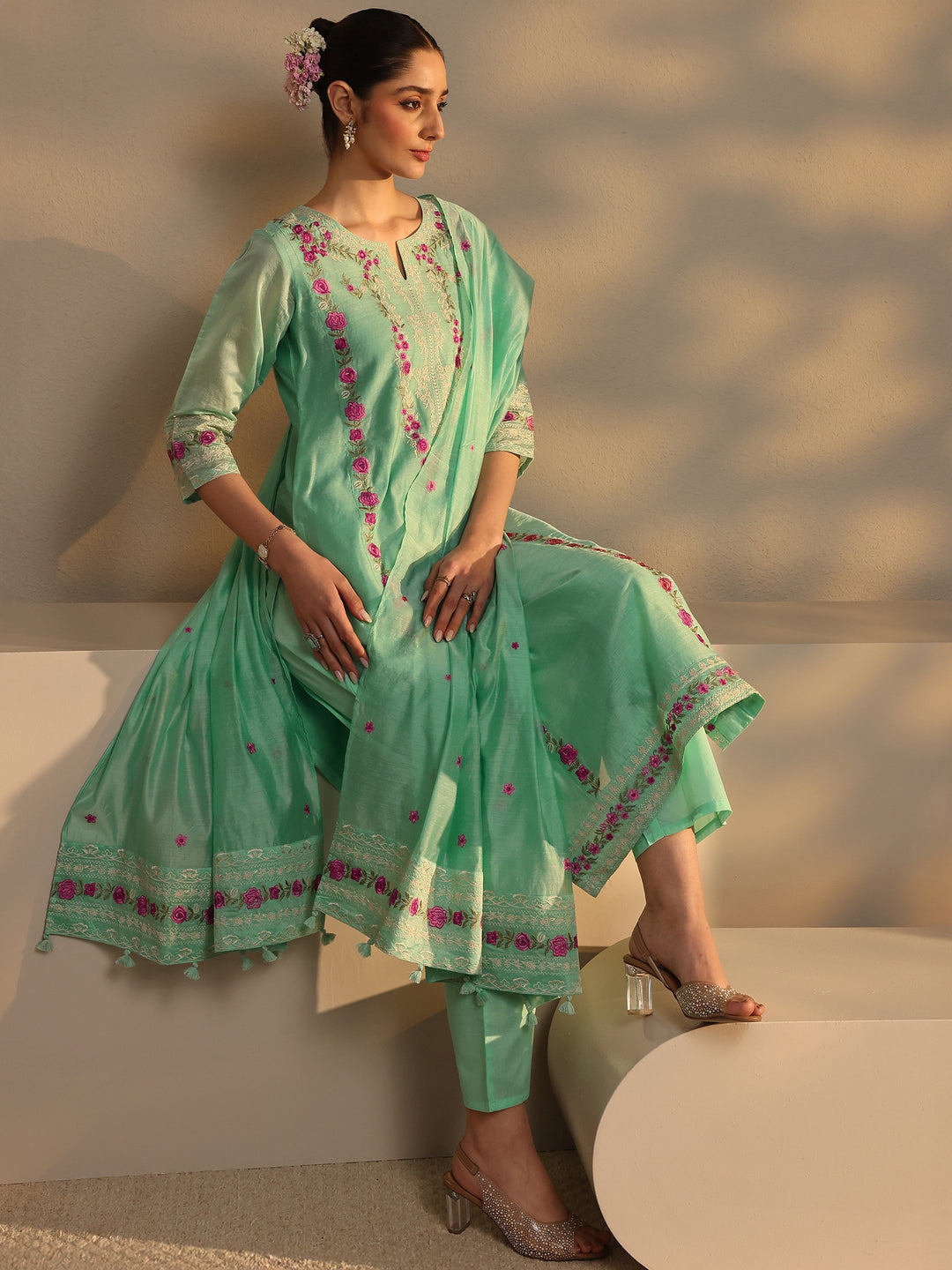 Libas Art Green Floral Embroidered Silk Blend Straight Suit Set With Dupatta