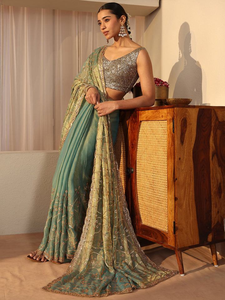 Libas Art Green Floral Embroidered Tissue Saree