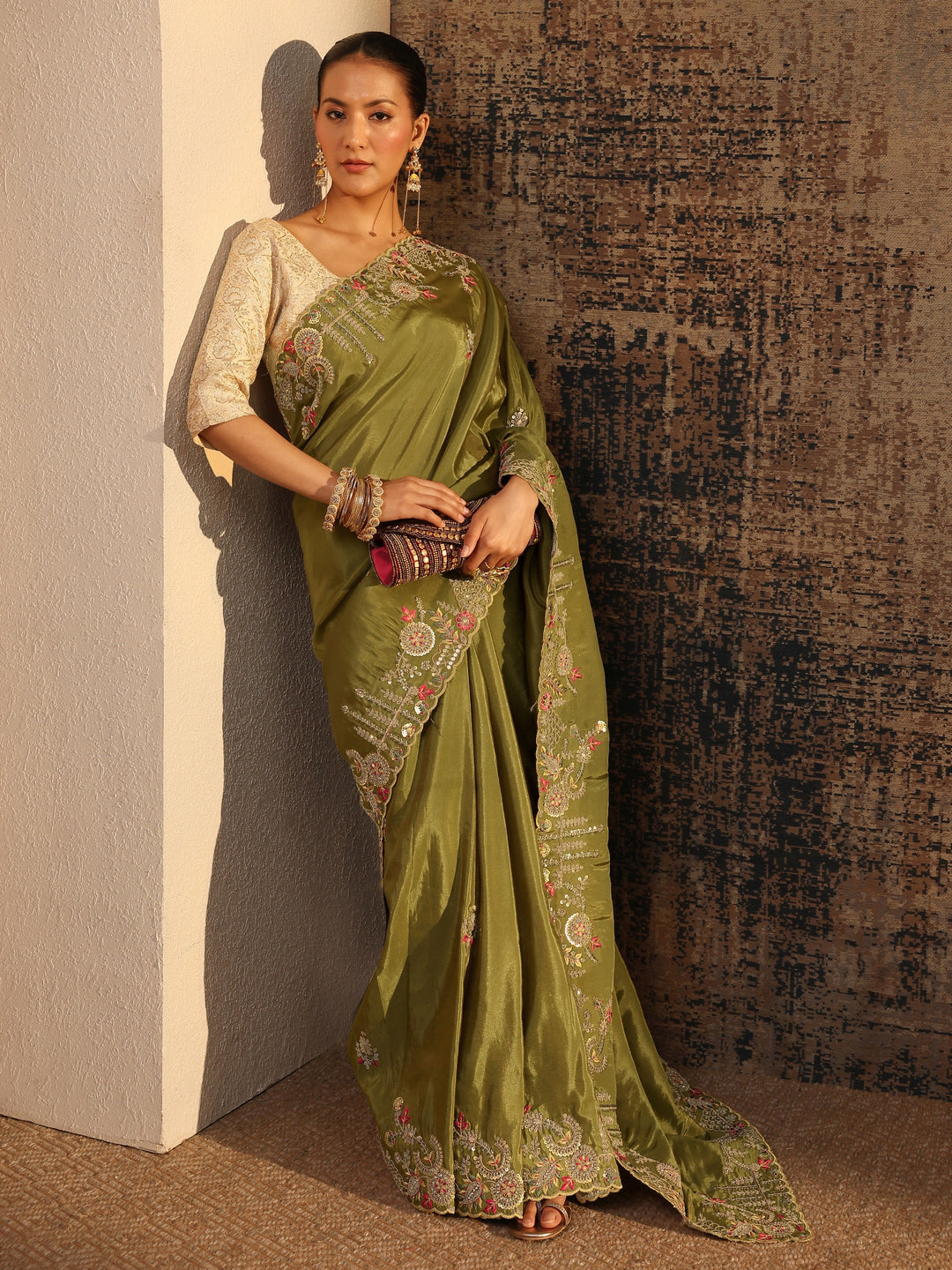 Libas Art Green Floral Embroidered Tissue Saree With Unstitched Blouse Piece