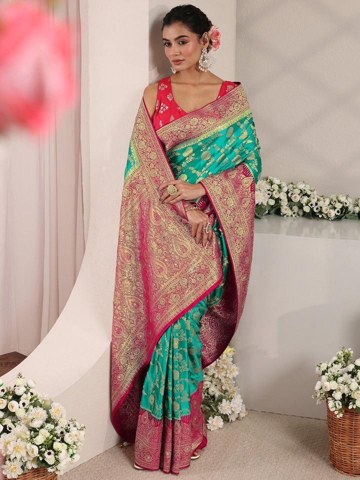 Libas Art Green Floral Woven Design Satin Saree With Unstitched Blouse Piece