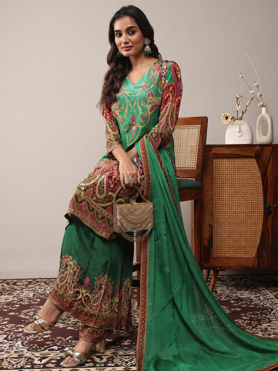 Libas Art Green Printed Silk Crepe Straight Suit Set With Dupatta