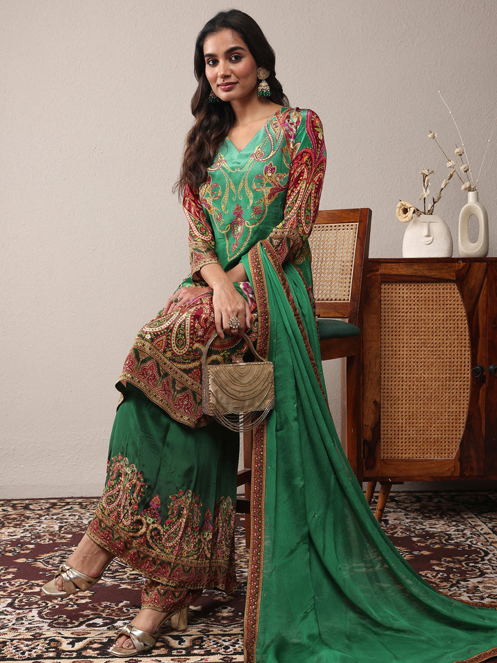 Libas Art Green Printed Silk Crepe Straight Suit Set With Dupatta