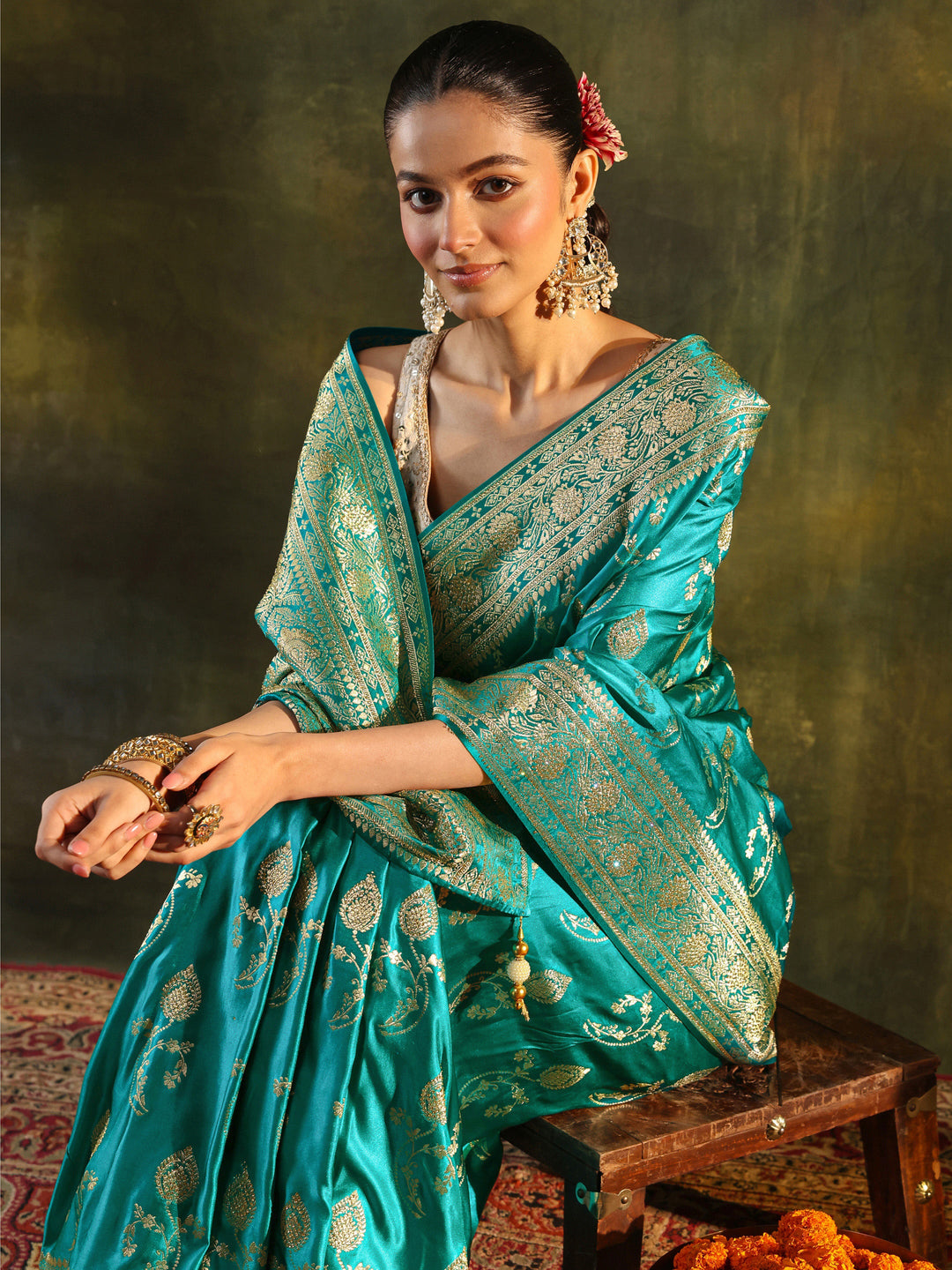 Libas Art Green Woven Design Satin Banarasi Saree With Unstitched Blouse Piece