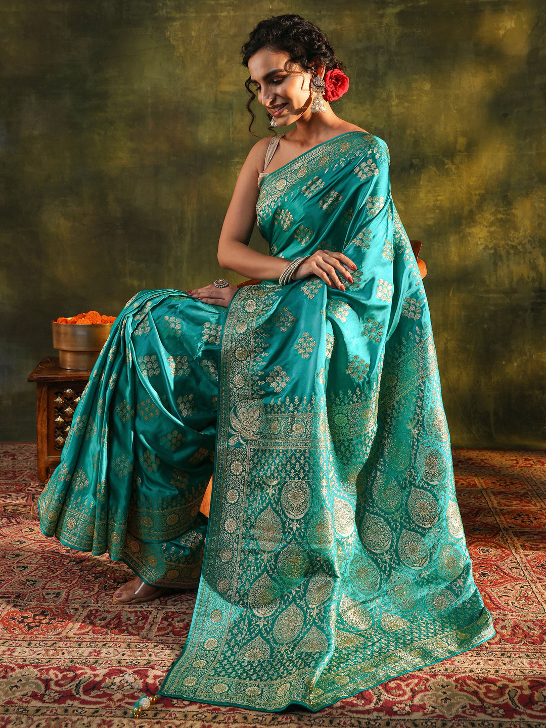 Libas Art Green Woven Design Satin Banarasi Saree With Unstitched Blouse Piece