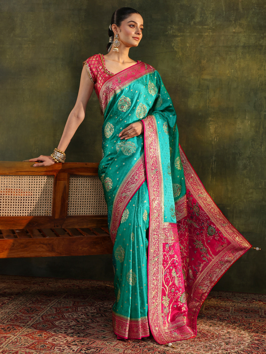 Libas Art Green Woven Design Satin Banarasi Saree With Unstitched Blouse Piece