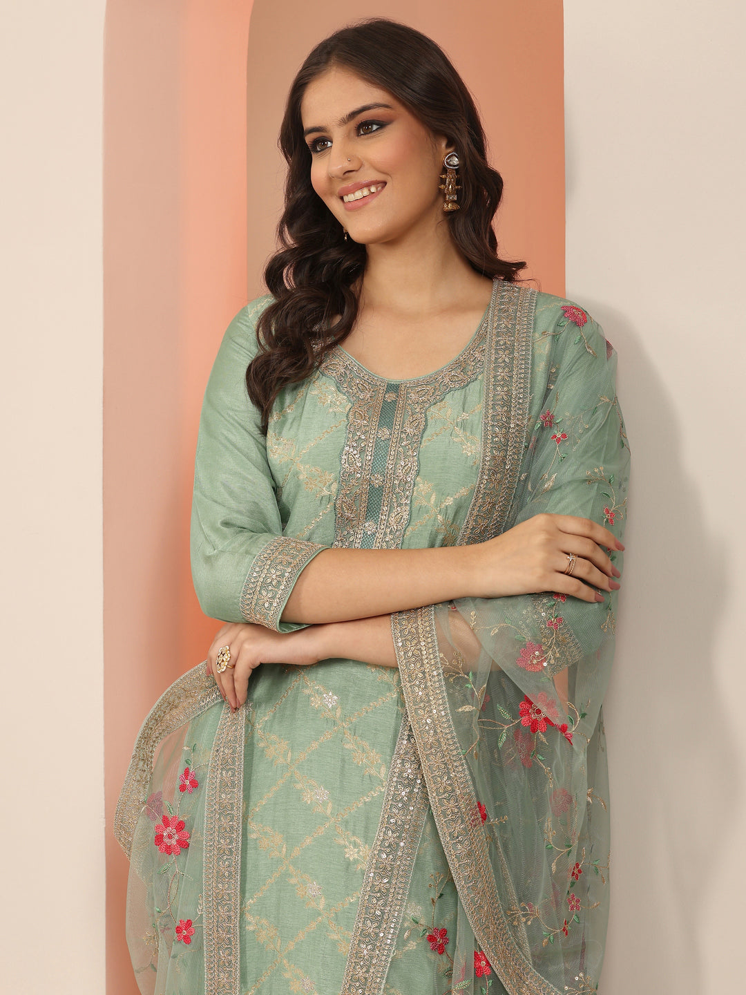 Libas Art Green Woven Design Silk Blend Straight Suit Set With Dupatta