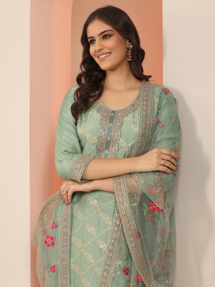 Libas Art Green Woven Design Silk Blend Straight Suit Set With Dupatta