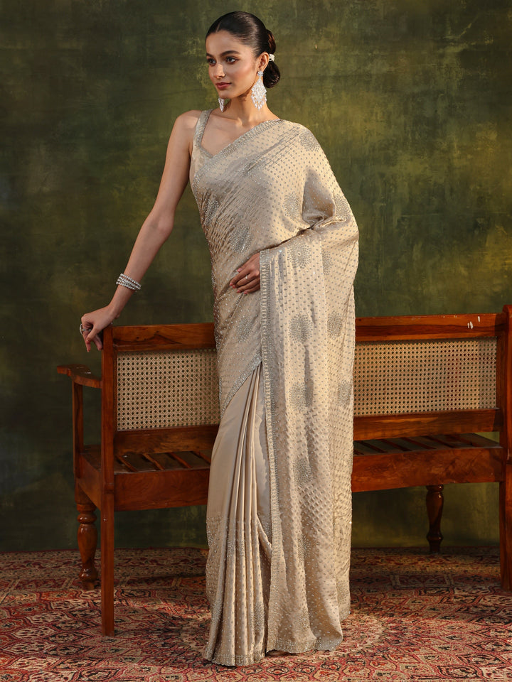 Libas Art Ivory Embellished Satin Saree With Unstitched Blouse Piece