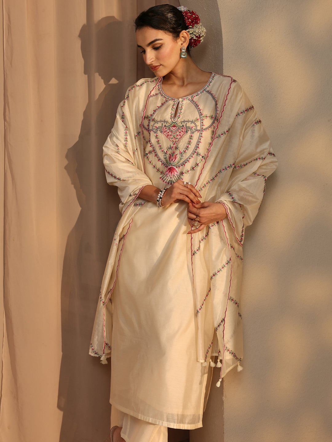 Libas Art Ivory Embroidered Silk Blend Straight Suit Set With Dupatta