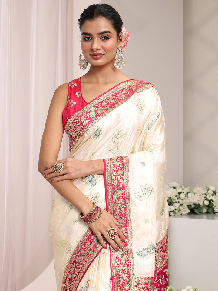 Libas Art Ivory Ethnic Woven Design Satin Saree With Unstitched Blouse Piece