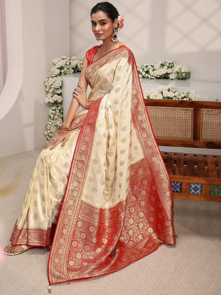 Libas Art Ivory Ethnic Woven Design Satin Saree With Unstitched Blouse Piece