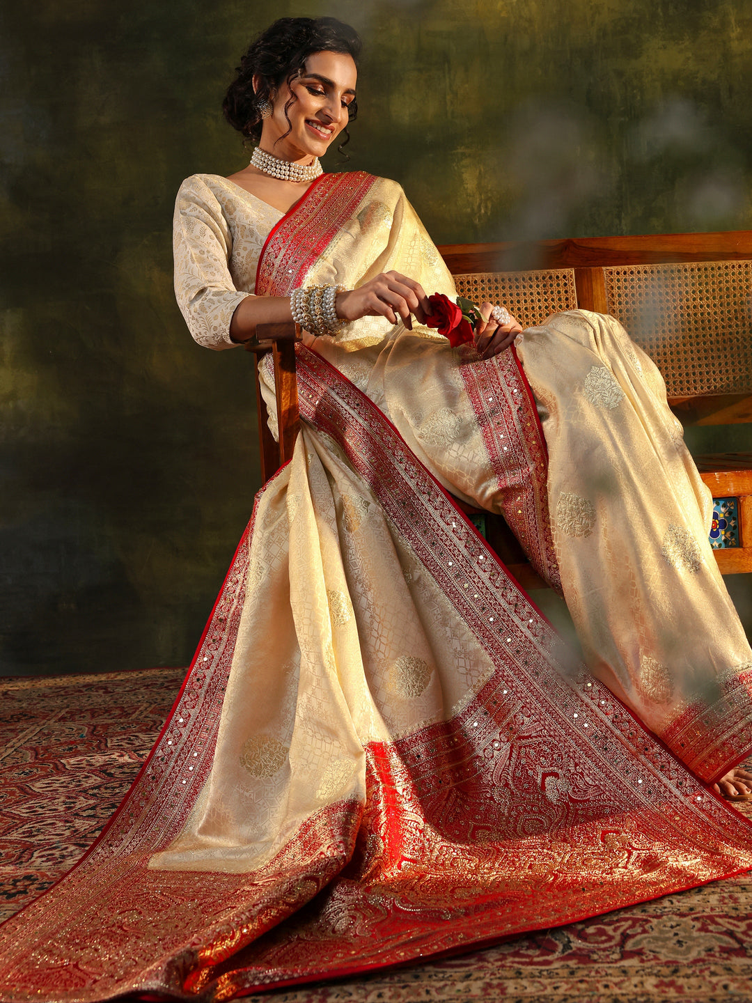 Libas Art Ivory Ethnic Woven Design Silk Blend Saree With Unstitched Blouse Piece