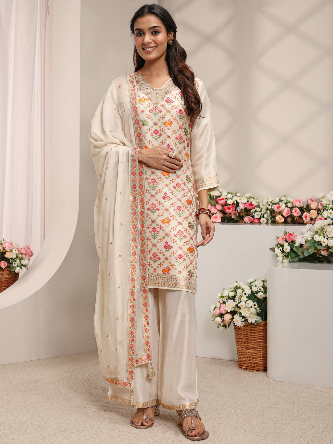 Libas Art Ivory Floral Woven Design Silk Blend Straight Suit Set With Dupatta