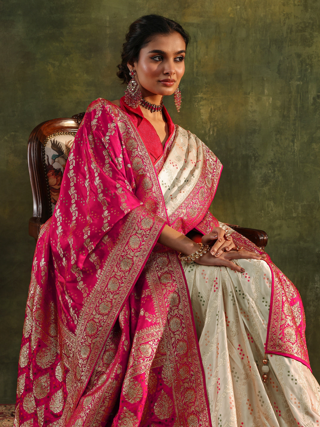 Libas Art Ivory Gharchola Satin Saree With Unstitched Blouse Piece