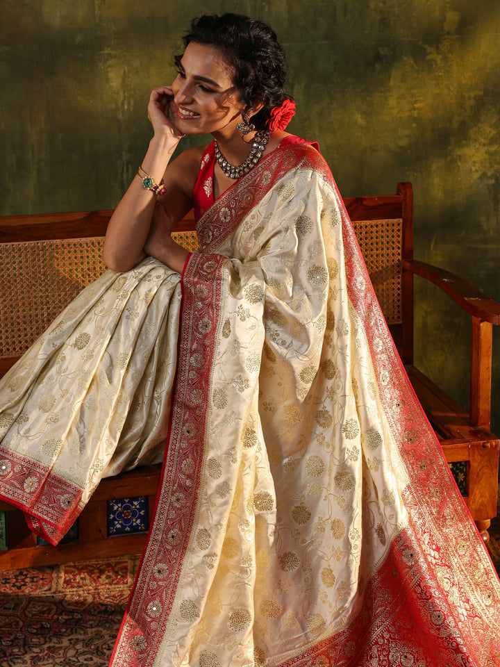 Libas Art Ivory Woven Design Silk Blend Banarasi Saree With Unstitched Blouse Piece