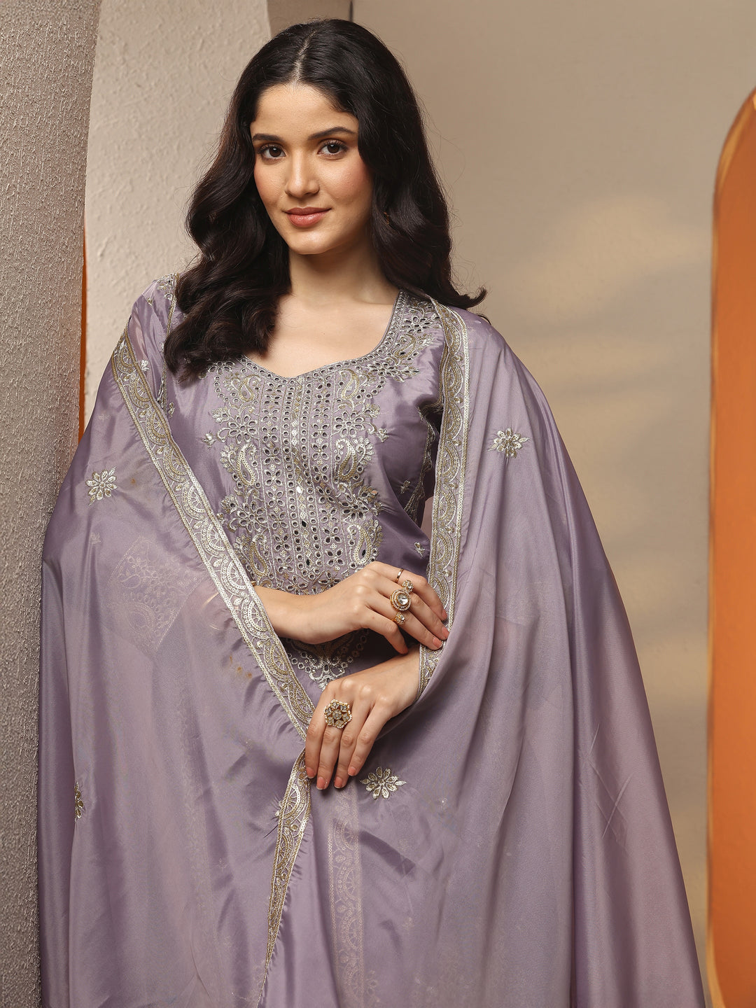 Libas Art Lavender Embroidered Organza Straight Suit Set With Dupatta