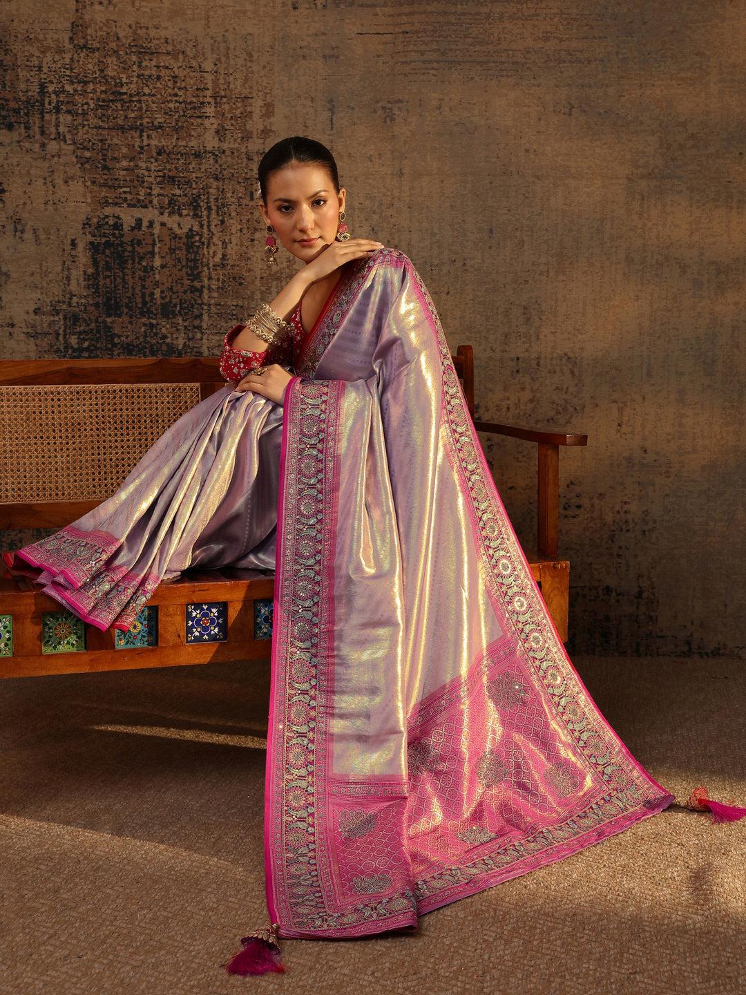 Libas Art Lavender Ethnic Motifs Woven Design Silk Blend Saree With Unstitched Blouse Piece
