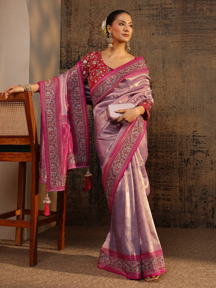 Libas Art Lavender Ethnic Motifs Woven Design Silk Blend Saree With Unstitched Blouse Piece