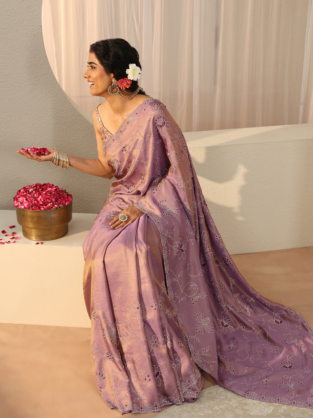 Libas Art Lavender Floral Embellished Satin Saree