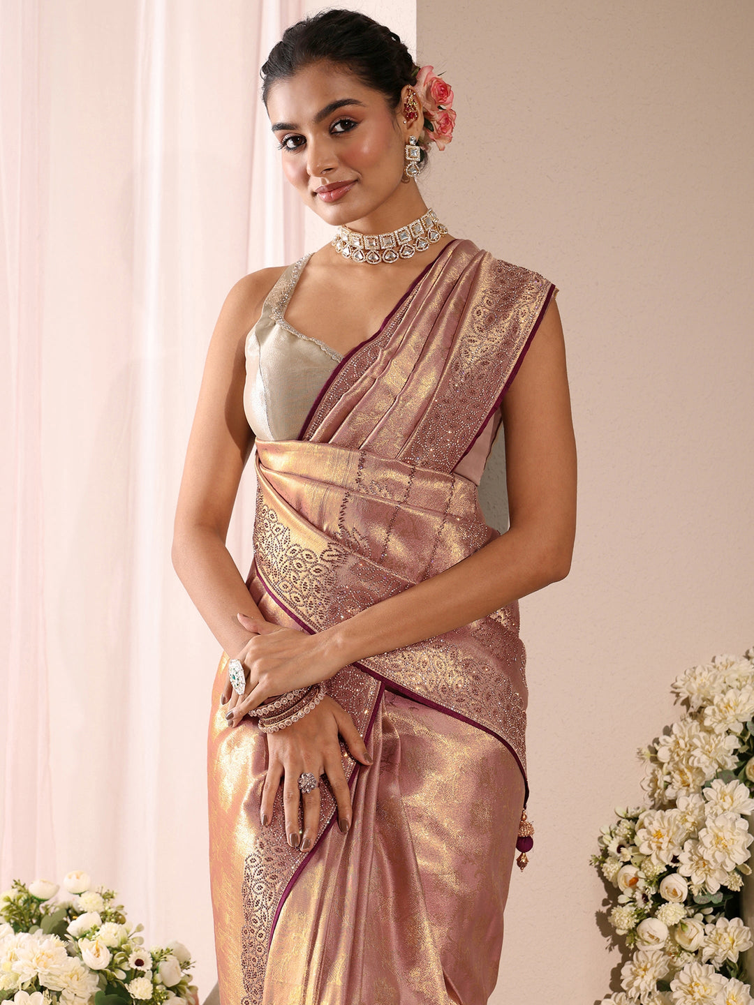 Libas Art Lavender Floral Woven Design Silk Blend Saree With Unstitched Blouse Piece