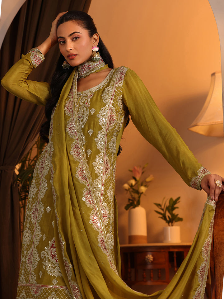 Libas Art Lime Green Embroidered Chinon Straight Suit Set With Dupatta