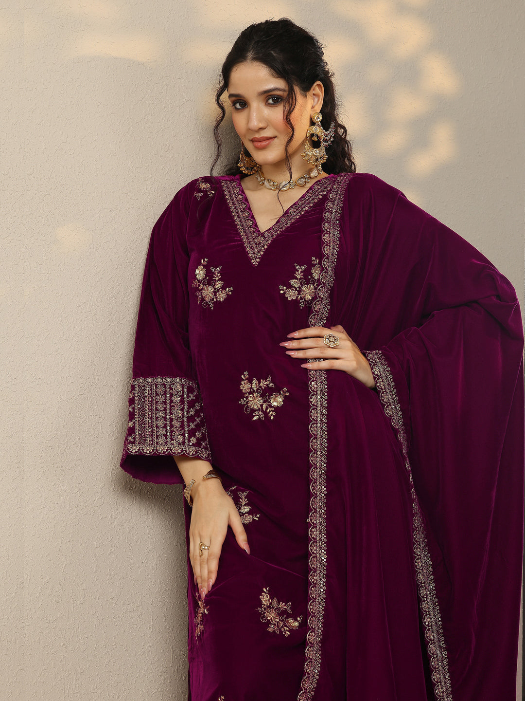 Libas Art Magenta Embroidered Velvet Straight Suit Set With Dupatta