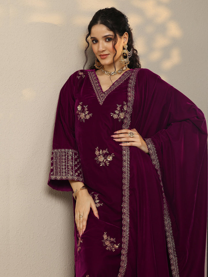 Libas Art Magenta Embroidered Velvet Straight Suit Set With Dupatta