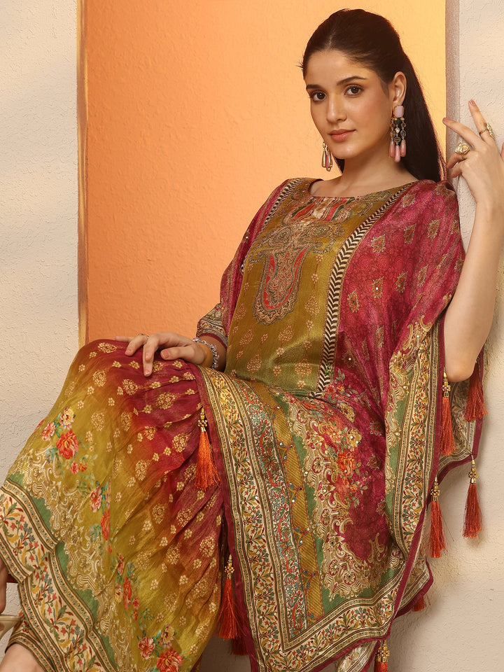 Magenta Printed Silk Blend Straight Kurta Set