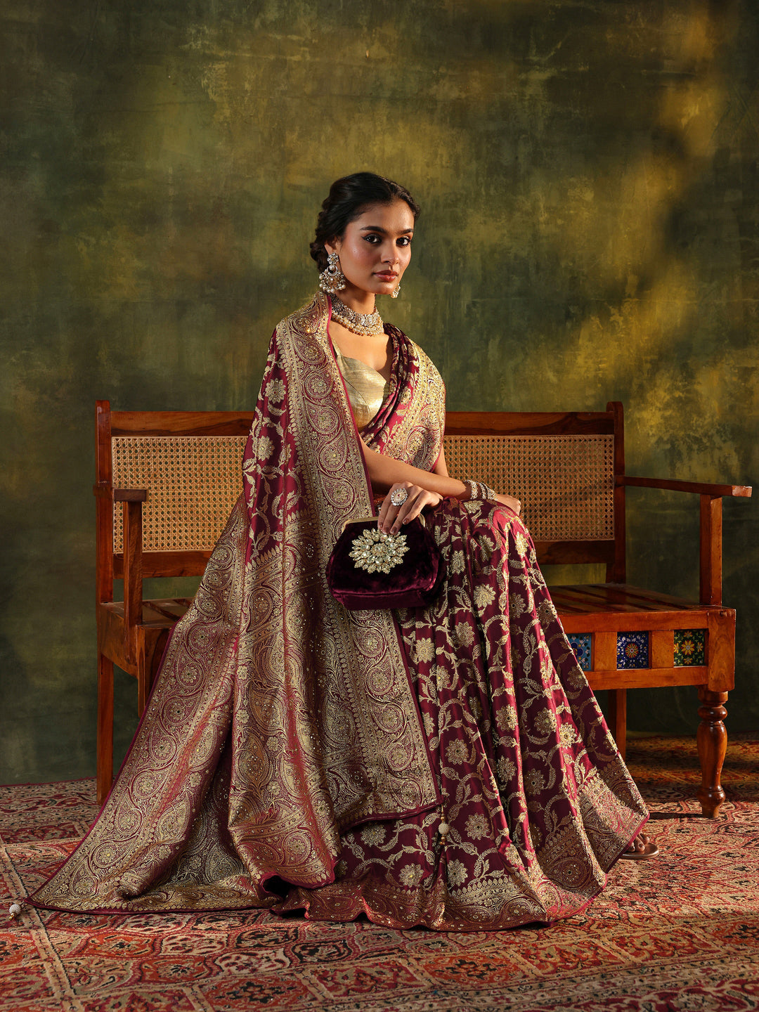 Libas Art Maroon Banarasi Silk Blend Saree With Unstitched Blouse Piece
